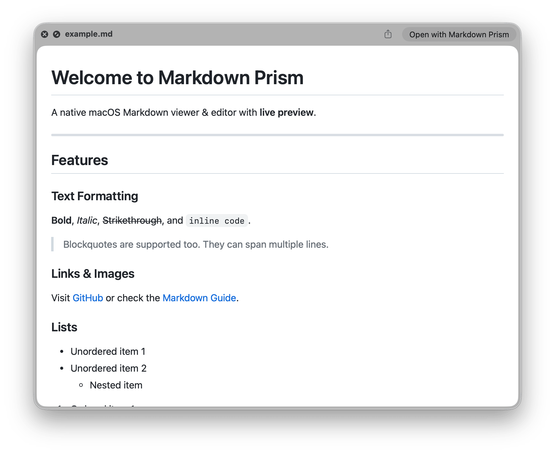 A Markdown file previewed in Finder with Quick Look