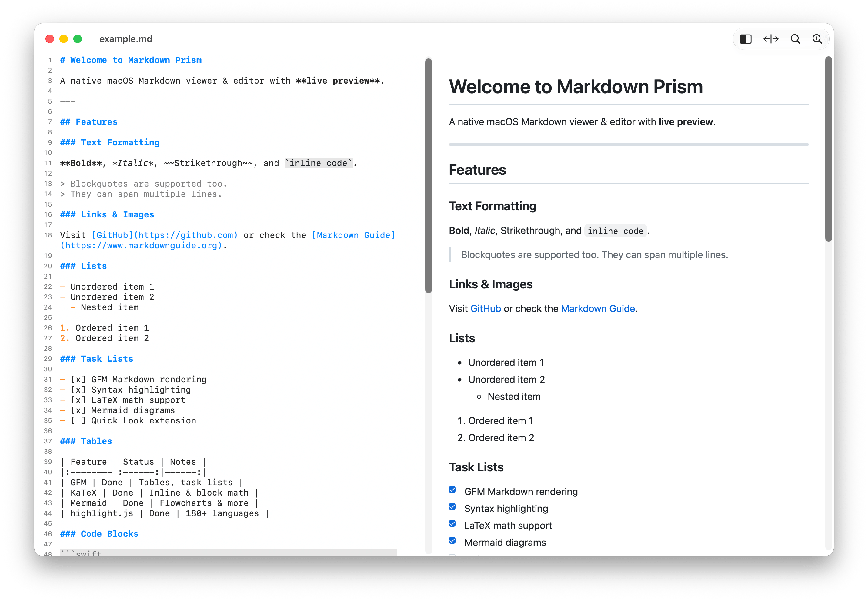 Markdown Prism showing Markdown source with line numbers beside the rendered document
